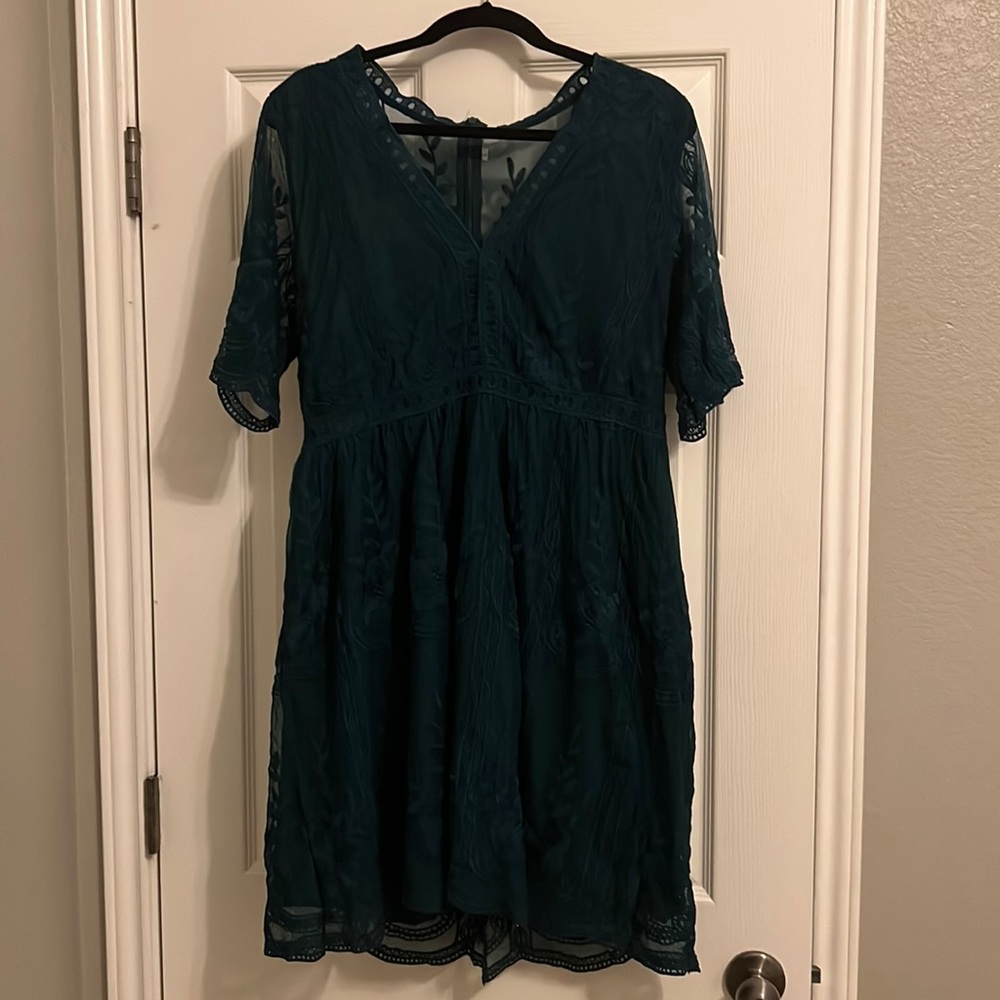 Amazon- women’s V-neck embroidered lace mini dress short sleeve green lace dress